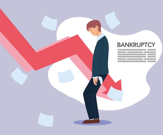 businessman with headache papers and decrease arrow