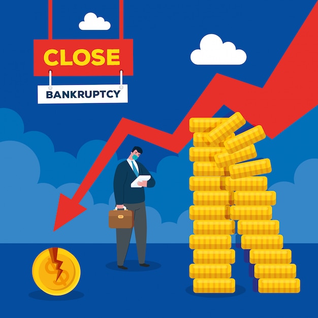 businessman with mask and decrease arrow of bankruptcy  