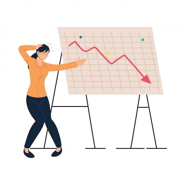 businesswoman cartoon with headache and decrease arrow vector