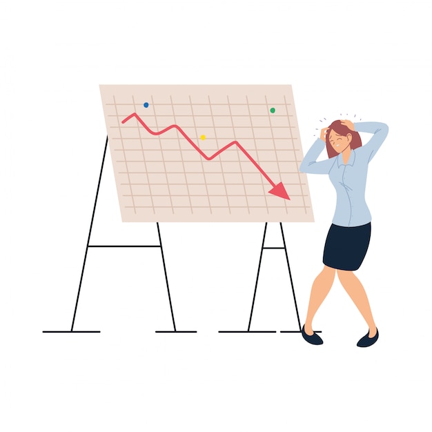 businesswoman cartoon with headache and decrease arrow vector