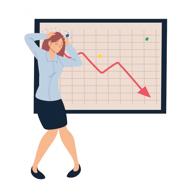 businesswoman cartoon with headache and decrease arrow vector