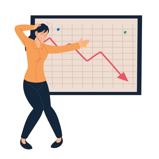 businesswoman cartoon with headache and decrease arrow vector