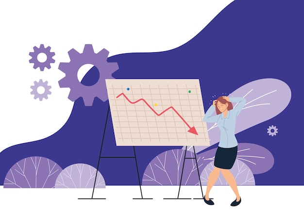 businesswoman with headache and decrease arrow on board