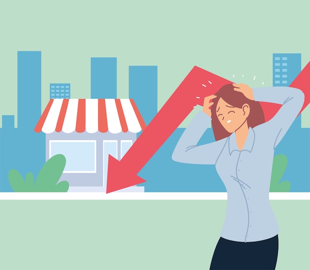 businesswoman with headache and decrease arrow in front of store