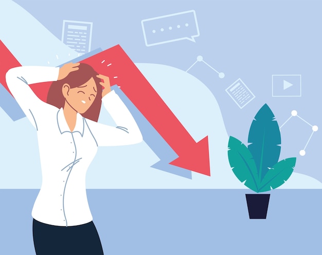 businesswoman with headache decrease arrow and plant
