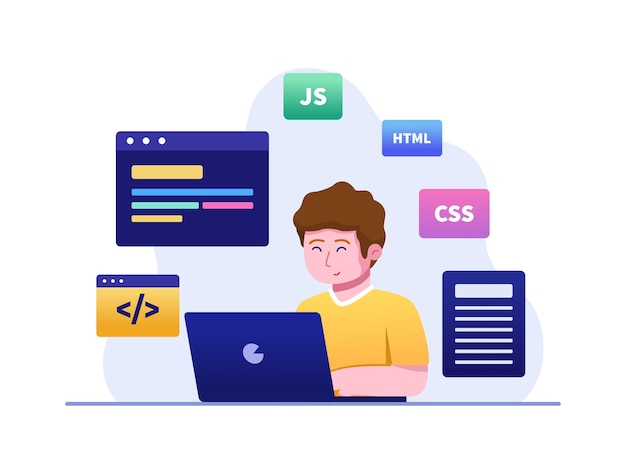 a children learning coding or computer programming flat illustration coding for kids basic compute