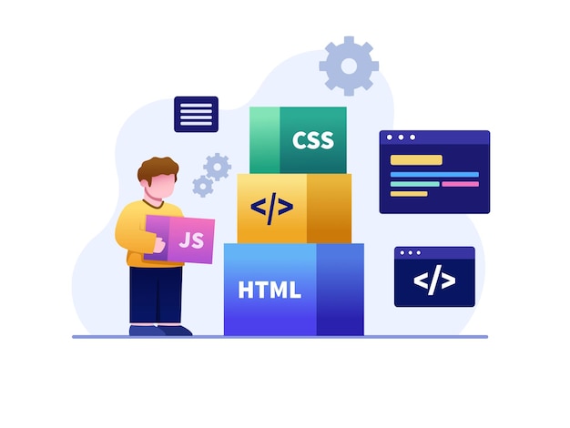 a children learning coding or computer programming flat illustration coding for kids basic compute