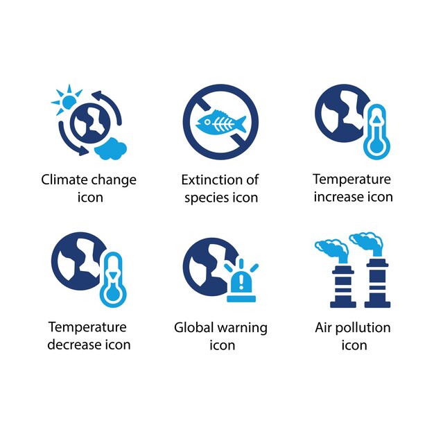 climate change extinction temperature increase decrease global warning air pollution blue icon set