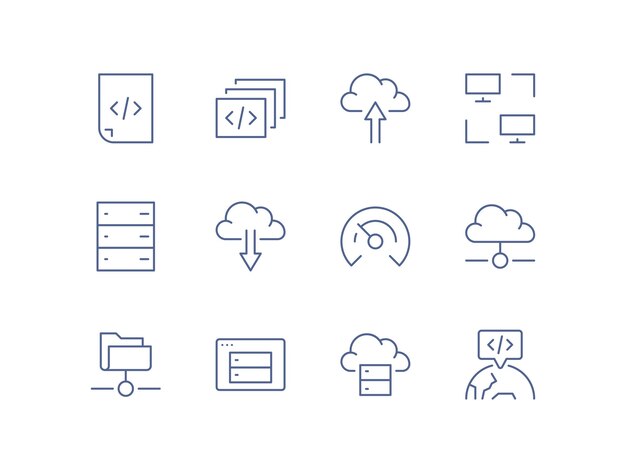 cloud computing and software development icons set coding web programming data storage server