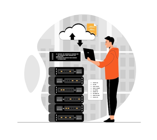 cloud computing storage concept man developer working at laptop coding and programming using wire