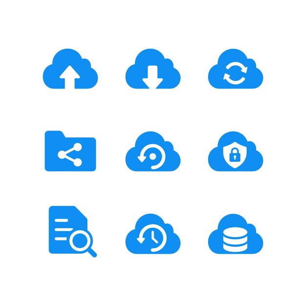 cloud computing storage and data network solid icons