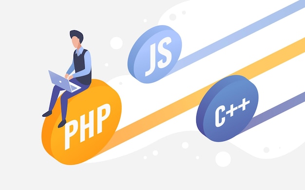 code development work web engineering coder sitting on programming languages coins