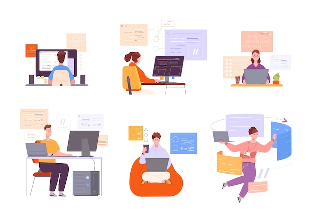 code engineer works encoder programming software computer technology web development laptop language program html java php python internet backend splendid vector illustration