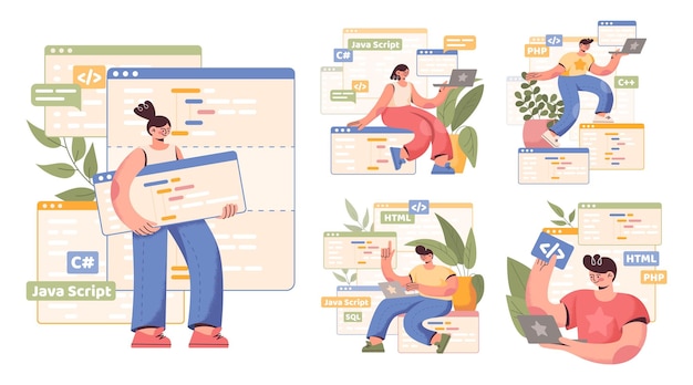 code engineer works in program software web technology language backend java coder laptops and plants computer programming concepts developers windows vector cartoon illustration