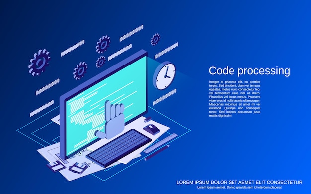 code processing, program coding, algorithm optimization flat isometric vector concept illustration