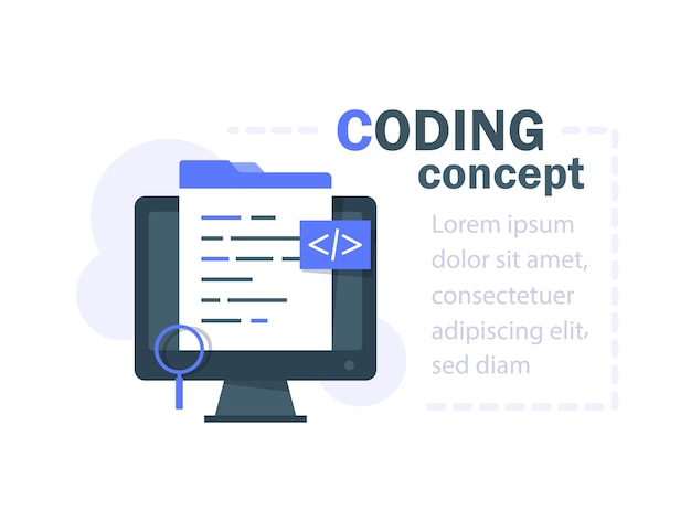 code writing concept, software development, code script, vector flat illustration