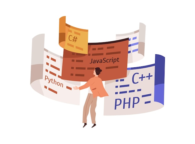 coder and computer languages. software developer student with java, python, c plus and php scripts. information technology and studying programming concept. flat vector illustration isolated on white.