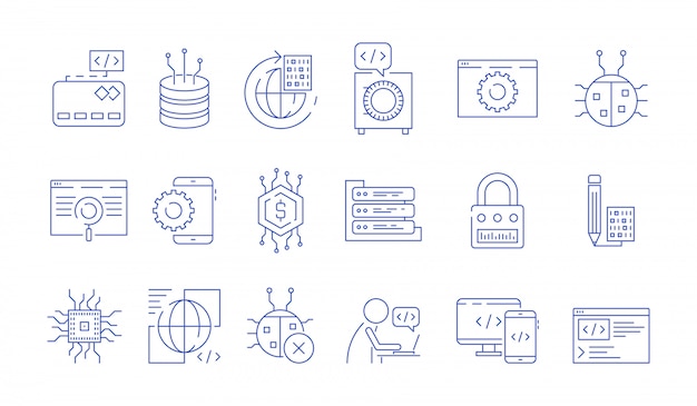 coder icons. programmer computer software expert input ends execute cluster bugs fix testing systems java code vector symbols