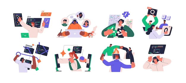 coders software engineers set information technology backend program development concept programmers work developing and testing code flat vector illustrations isolated on white background