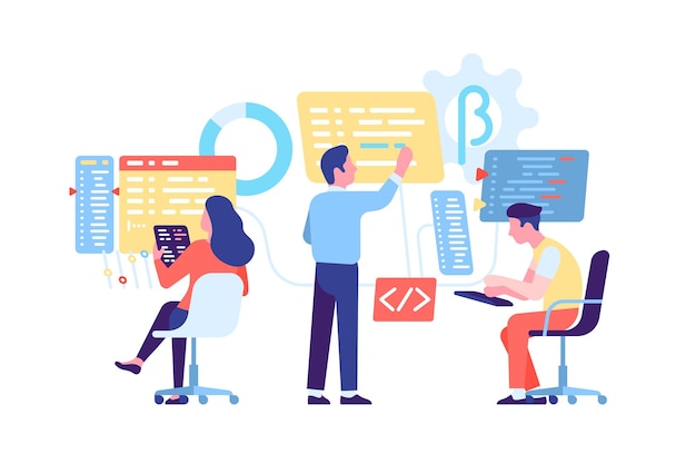 コンピューターの人々をコーディングする。ソフトウェアエンジニアリングデジタルプロセス。 Webおよびアプリテクノロジー。プログラム開発。チームワークをブレインストーミングします。プログラマーとコーダーが働いています。ネットワーク開発者。ベクトルの概念