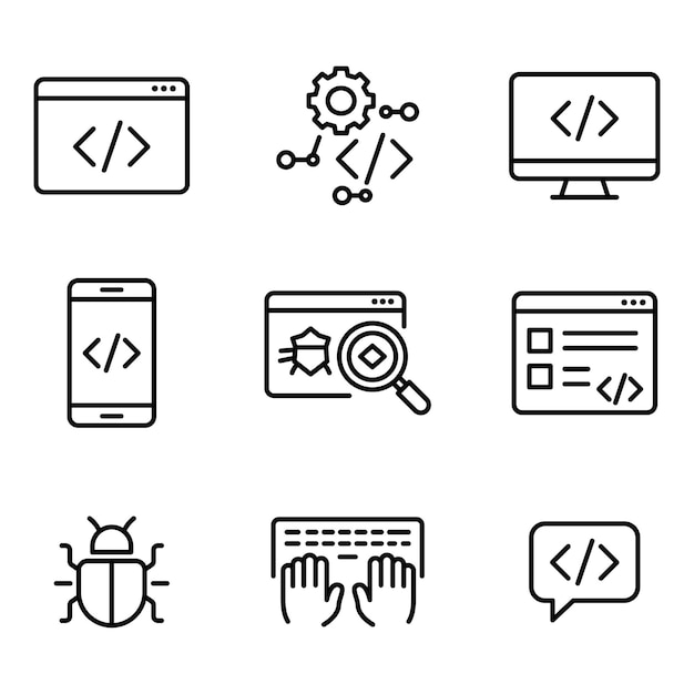 coding and development icons including debugging and software interfaces