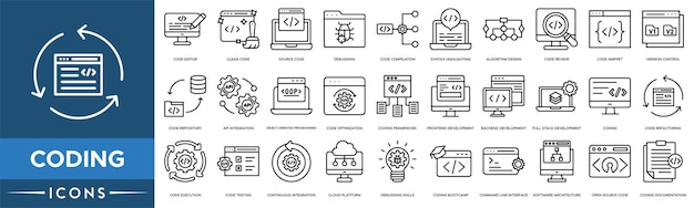 coding icon code editor clean code source code debugging and code compilation