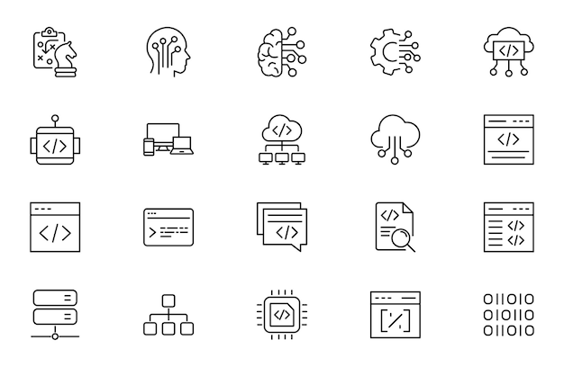 coding line icon set for software development programming web development source code and developer tools outline vector collection