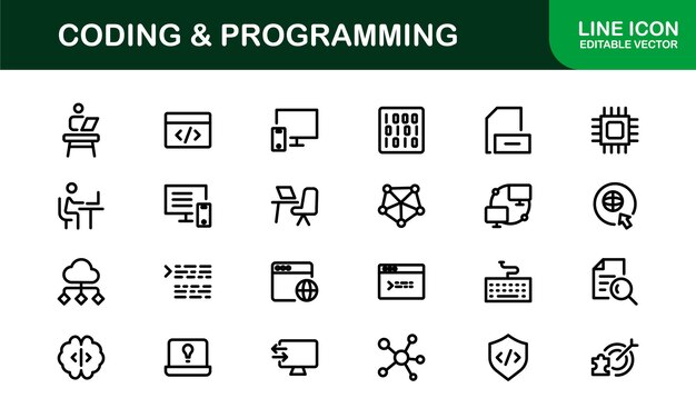coding and programming icon set modern coding and programming simple line icon pack covers everything from code syntax to compiler errors