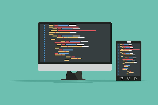 coding and programming software on window computer and mobile screen concept