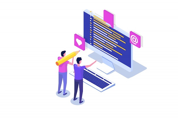 coding, software development, programming isometric concept, program code on screen