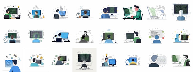 collection of developers and programmers working on computers and coding