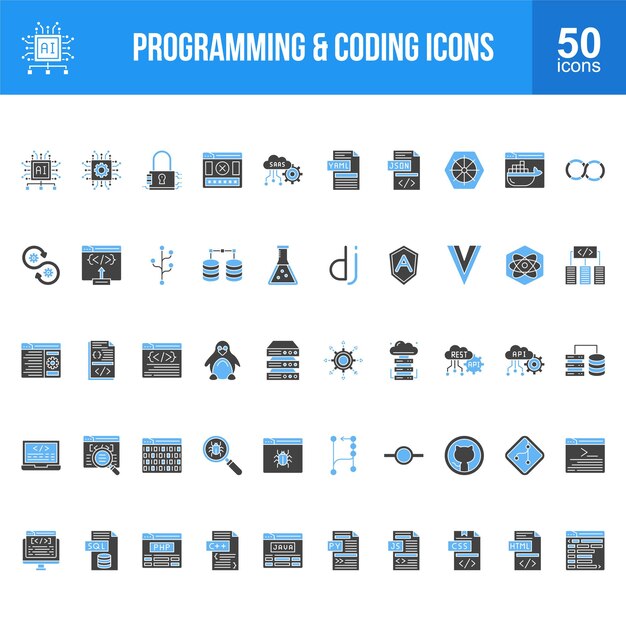 comprehensive set of programming and coding development icons