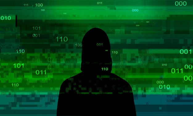 computer hacker on abstract binary code background. hacking concept