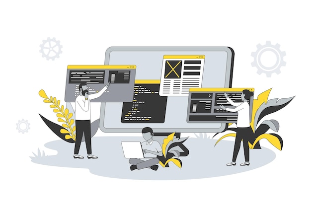 computer programming concept in flat line design people create software write code and scripts work