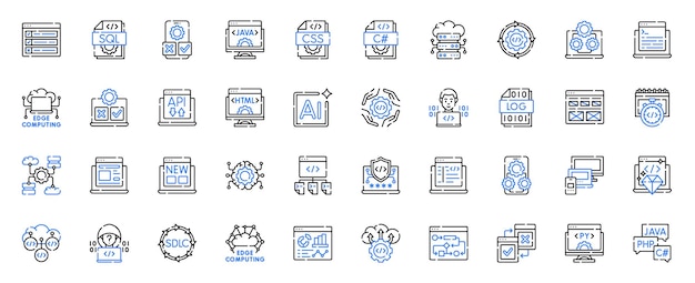 computer programming icon set editable line icons code java css cloud server api vector illustration