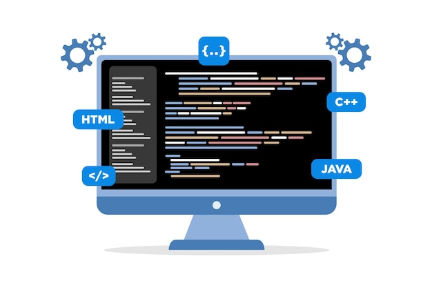 Computer programming or developing software concept Computer with code on screen vector illustration