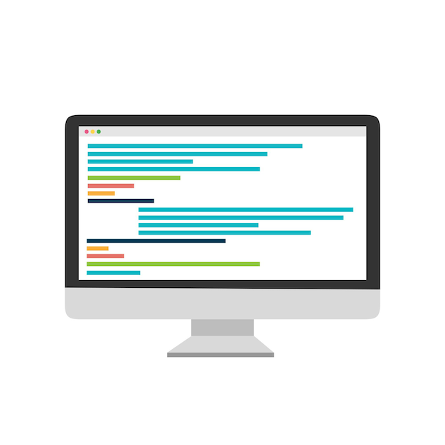 computer with code on the screen on blue background. coding concept vector