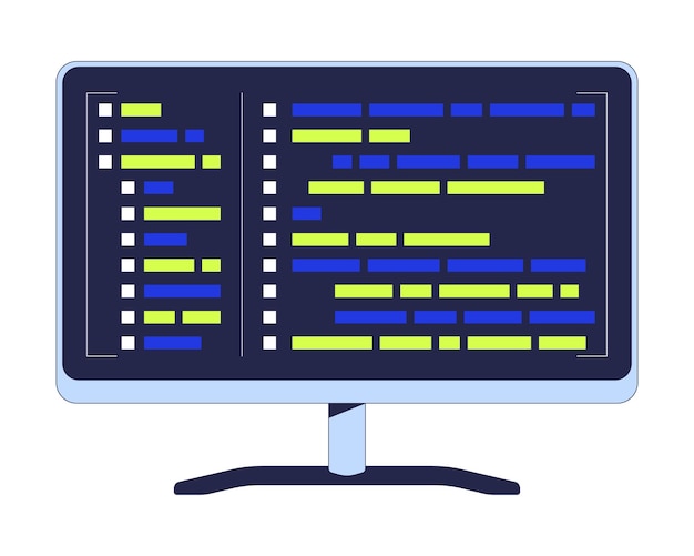 Computermonitor met programmeringssyntaxcode 2D cartoonobject