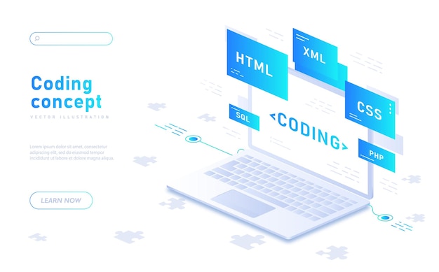 concept of coding software development programming and data processing landing page design