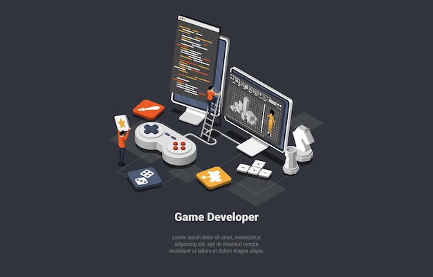 concept of game development creative people developers in process of create and develop a computer video game design digital technology programming and codding isometric 3d vector illustration