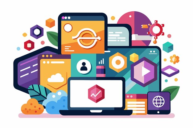 a creative workspace features customizable javascript frameworks and vibrant interface elements for development javascript frameworks customizable disproportionate illustration