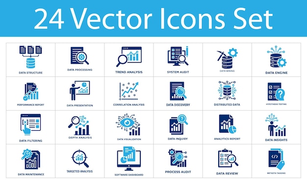 data analytics solid icons set processing visualization reporting