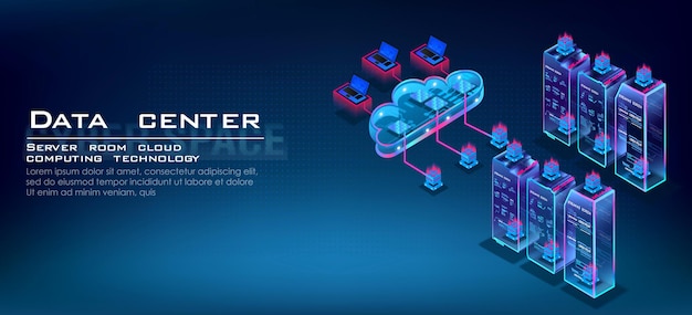 data processing and cloud computing isometric concept server room for storing and processing information through web hosting server operation process data center and cloud computing