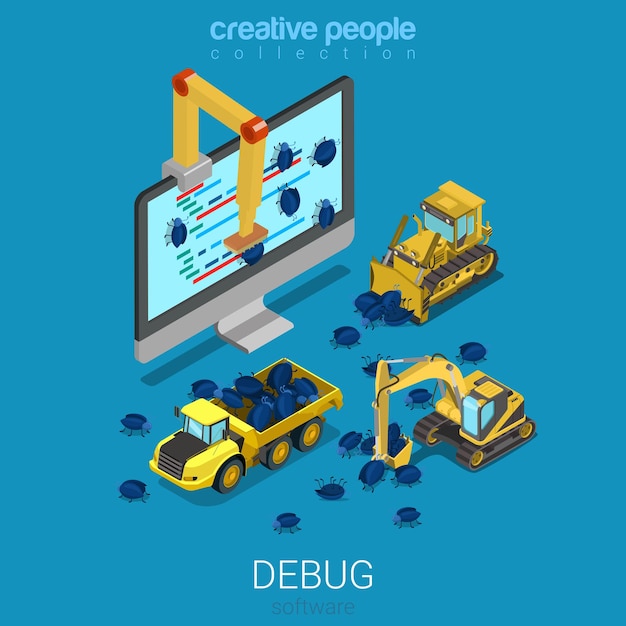 debug software technology development programming code flat isometric