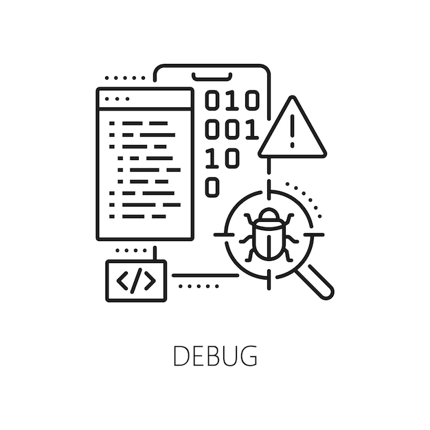 debug web app develop and optimization icon of software testing line vector mobile app ui or phone web application ux software debugging test for technical errors and performance evaluation