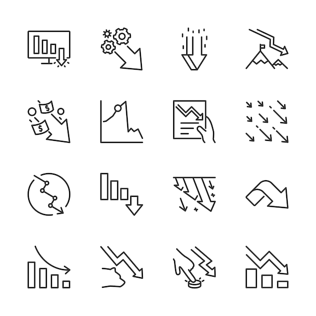 decline chart icons set down arrow charts showing decrease and drop editable stroke