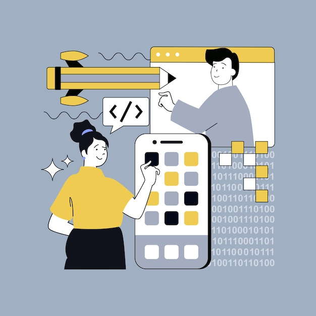 design software development concept for modern web design people creating mobile program code engineering and building application programming and computing processing script vector illustration