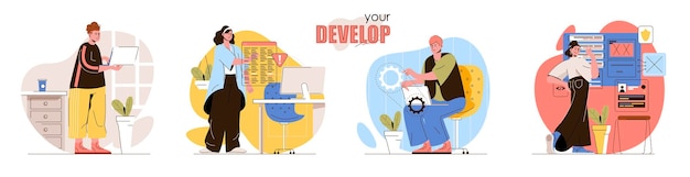 develop concept scenes set developers coding programs development testing software optimization applications collection of people activities