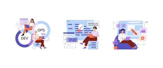 developers coding devops and web design on laptops set