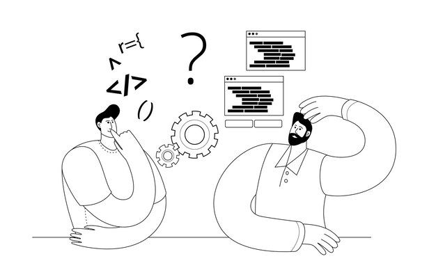 developers looking thoughtfully at the code
